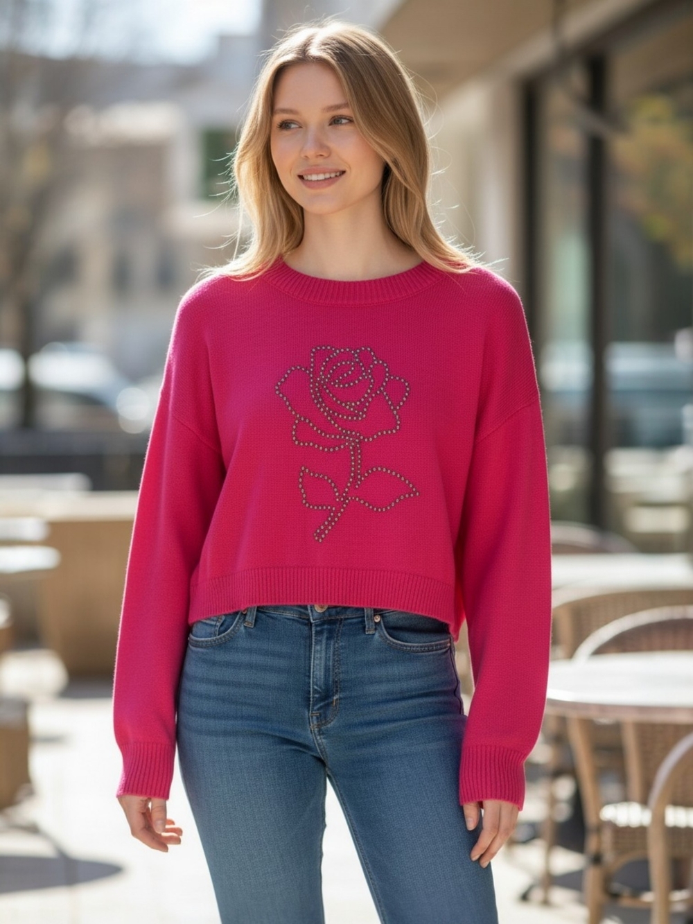 Madden NYC Cropped Red Rose Studded Sweater Lightweight. Cropped.